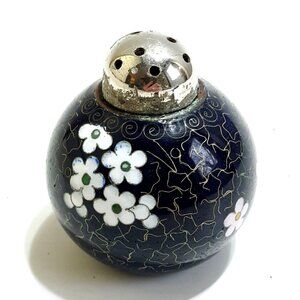Chinese Cloisonne Salt  Vintage Enamel Brass Floral Black Blossoms  Pink